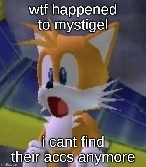 tails gasp | wtf happened to mystigel; i cant find their accs anymore | image tagged in tails gasp | made w/ Imgflip meme maker