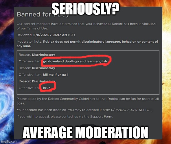 bruh | SERIOUSLY? AVERAGE MODERATION | image tagged in bruh,roblox,why | made w/ Imgflip meme maker