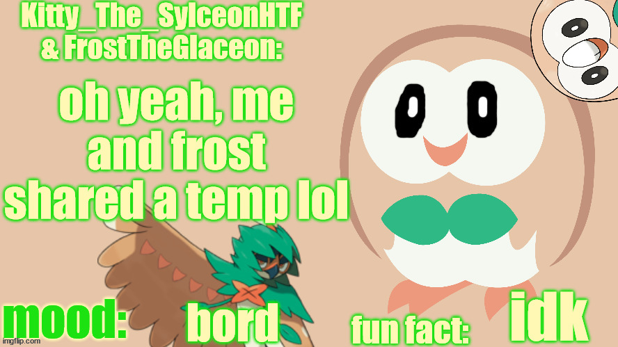 FrostTheGlaceon & Kitty_The_SylceonHTF's rowlet temp | oh yeah, me and frost shared a temp lol; idk; bord | image tagged in frosttheglaceon kitty_the_sylceonhtf's rowlet temp | made w/ Imgflip meme maker