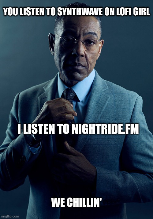 Gus chills to Nightride.FM | YOU LISTEN TO SYNTHWAVE ON LOFI GIRL; I LISTEN TO NIGHTRIDE.FM; WE CHILLIN' | image tagged in gus fring we are not the same | made w/ Imgflip meme maker