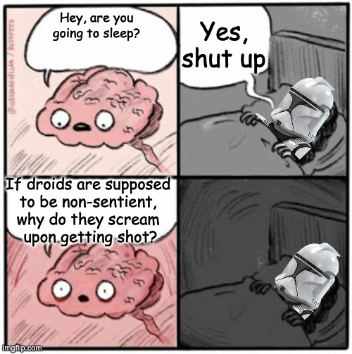 Brain Before Sleep | Yes, shut up; Hey, are you going to sleep? If droids are supposed 
to be non-sentient, 
why do they scream 
upon getting shot? | image tagged in brain before sleep,clone,meme | made w/ Imgflip meme maker