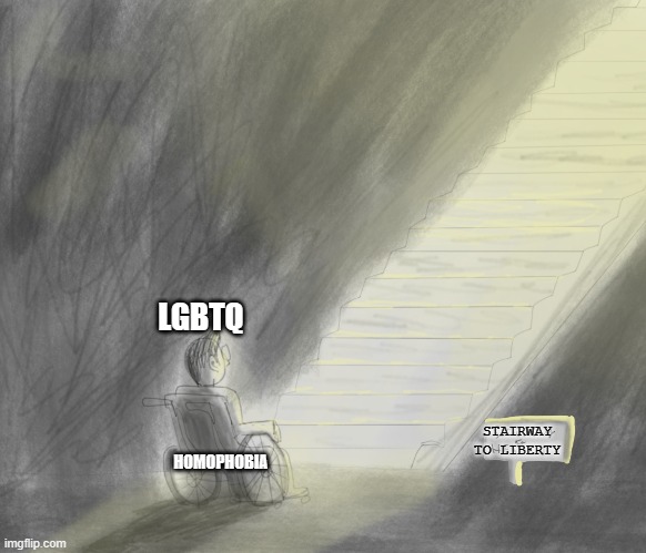I made this drawing for fun and realised it was possible to use it as a temp | LGBTQ; STAIRWAY TO LIBERTY; HOMOPHOBIA | image tagged in stair way to heaven,lgbtq,homophobia,liberty | made w/ Imgflip meme maker