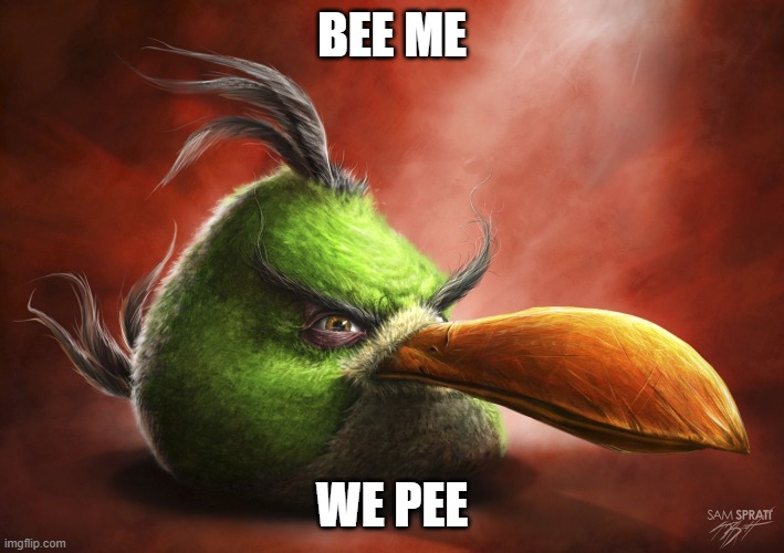 green angy borg | BEE ME; WE PEE | image tagged in realistic red angry birds,angry birds | made w/ Imgflip meme maker