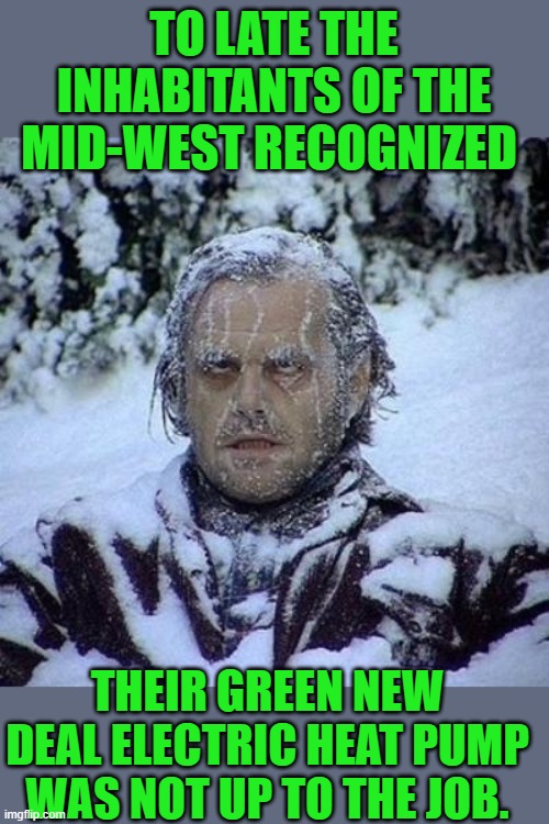 just the facts jack | TO LATE THE INHABITANTS OF THE MID-WEST RECOGNIZED; THEIR GREEN NEW DEAL ELECTRIC HEAT PUMP WAS NOT UP TO THE JOB. | image tagged in freeze | made w/ Imgflip meme maker