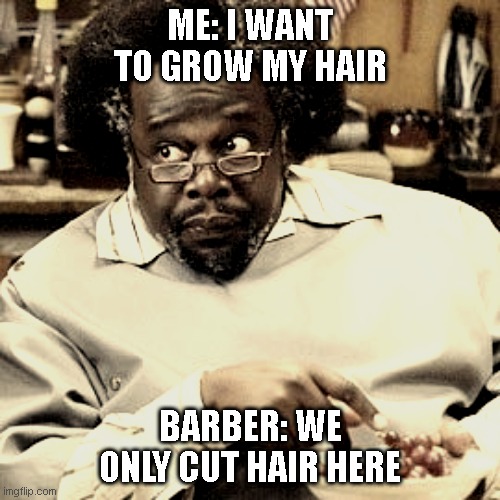 Barbershop Eddie | ME: I WANT TO GROW MY HAIR; BARBER: WE ONLY CUT HAIR HERE | image tagged in barbershop eddie | made w/ Imgflip meme maker