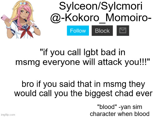 tck doesn't know what he's talking about | "if you call lgbt bad in msmg everyone will attack you!!!"; bro if you said that in msmg they would call you the biggest chad ever | image tagged in kokoro momoiro announcement 2 | made w/ Imgflip meme maker