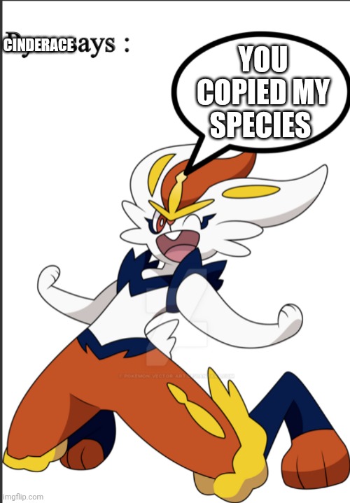 Pyro says : | YOU COPIED MY SPECIES CINDERACE | image tagged in pyro says | made w/ Imgflip meme maker