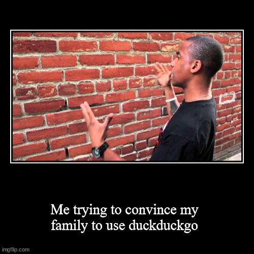 Me trying to convince my family to use DDG | Me trying to convince my
family to use duckduckgo | | image tagged in funny,demotivationals,brick wall guy | made w/ Imgflip demotivational maker
