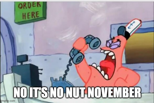 NO THIS IS PATRICK | NO IT'S NO NUT NOVEMBER | image tagged in no this is patrick | made w/ Imgflip meme maker