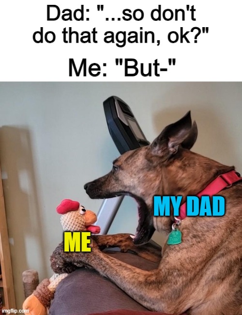 All you have to do is say "but", and you'll receive a 2-hour lecture -_- | Dad: "...so don't do that again, ok?"; Me: "But-"; MY DAD; ME | image tagged in yelling dog | made w/ Imgflip meme maker