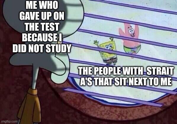 tests | ME WHO GAVE UP ON THE TEST BECAUSE I DID NOT STUDY; THE PEOPLE WITH  STRAIT A'S THAT SIT NEXT TO ME | image tagged in squidward window | made w/ Imgflip meme maker