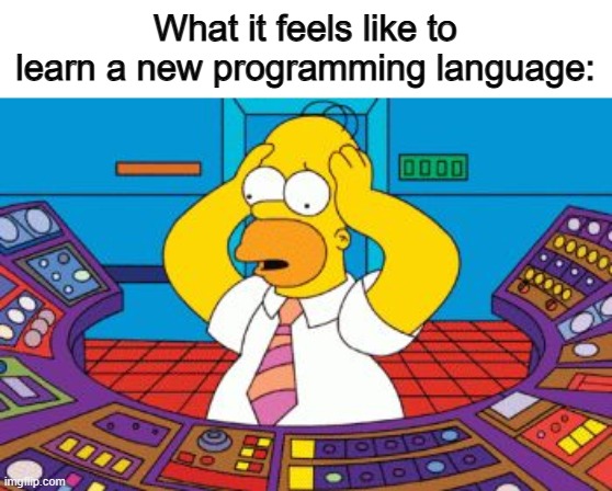 @_@ | What it feels like to learn a new programming language: | image tagged in homer simpson plant buttons | made w/ Imgflip meme maker