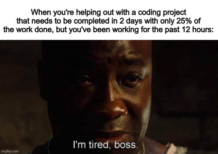 True story ;~; | When you're helping out with a coding project that needs to be completed in 2 days with only 25% of the work done, but you've been working for the past 12 hours: | image tagged in i'm tired boss | made w/ Imgflip meme maker