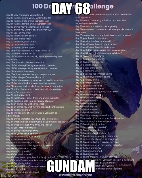 100 day anime challenge | DAY 68; GUNDAM | image tagged in 100 day anime challenge | made w/ Imgflip meme maker