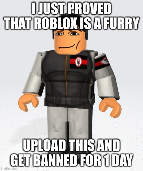 They really banned me for this | I JUST PROVED THAT ROBLOX IS A FURRY; UPLOAD THIS AND GET BANNED FOR 1 DAY | image tagged in anti furry robloxian | made w/ Imgflip meme maker