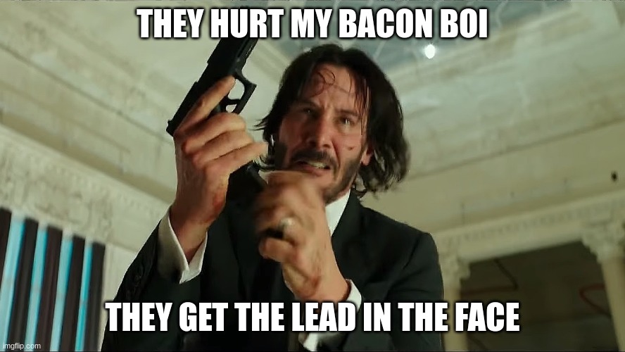 John Wick Reloading | THEY HURT MY BACON BOI THEY GET THE LEAD IN THE FACE | image tagged in john wick reloading | made w/ Imgflip meme maker