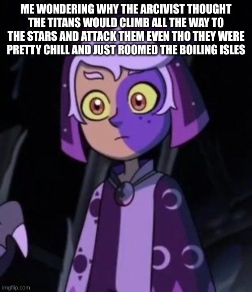 owl house meme i made | ME WONDERING WHY THE ARCIVIST THOUGHT THE TITANS WOULD CLIMB ALL THE WAY TO THE STARS AND ATTACK THEM EVEN THO THEY WERE PRETTY CHILL AND JUST ROOMED THE BOILING ISLES | image tagged in owl house me,memes | made w/ Imgflip meme maker