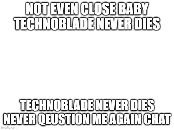 TECHNOBLADE NEVER DIES | NOT EVEN CLOSE BABY TECHNOBLADE NEVER DIES; TECHNOBLADE NEVER DIES NEVER QEUSTION ME AGAIN CHAT | made w/ Imgflip meme maker
