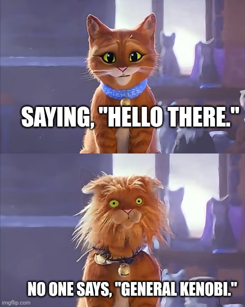 Hello Disappointment | SAYING, "HELLO THERE."; NO ONE SAYS, "GENERAL KENOBI." | image tagged in ai disappointment,star wars,hello there,obi wan kenobi,puss in boots | made w/ Imgflip meme maker
