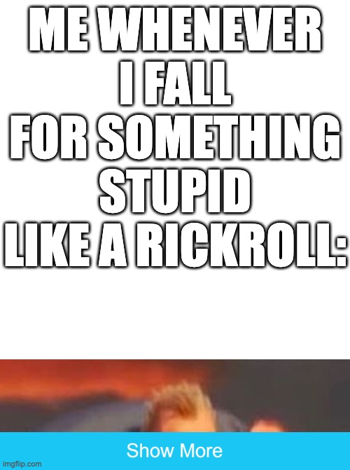 When you fall for something stupid | ME WHENEVER I FALL FOR SOMETHING STUPID LIKE A RICKROLL: | image tagged in memes,funny,stupid | made w/ Imgflip meme maker
