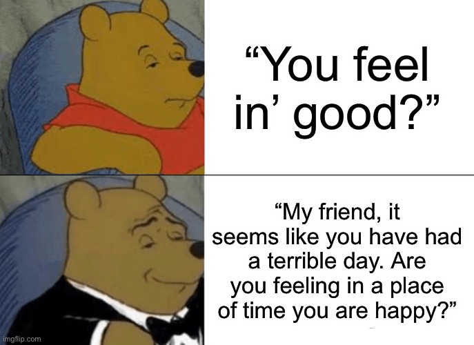 Wow | “You feel in’ good?”; “My friend, it seems like you have had a terrible day. Are you feeling in a place of time you are happy?” | image tagged in memes,tuxedo winnie the pooh | made w/ Imgflip meme maker