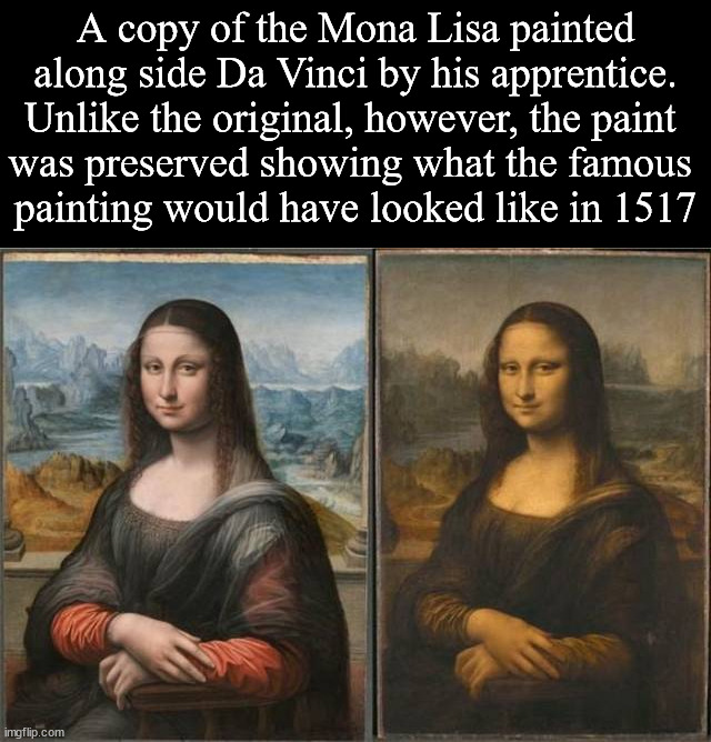 A copy of the Mona Lisa painted along side Da Vinci by his apprentice. Unlike the original, however, the paint 
was preserved showing what the famous 
painting would have looked like in 1517 | made w/ Imgflip meme maker