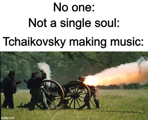 He used literal canons to create music? Cool :D | No one:; Not a single soul:; Tchaikovsky making music: | image tagged in this is canon | made w/ Imgflip meme maker