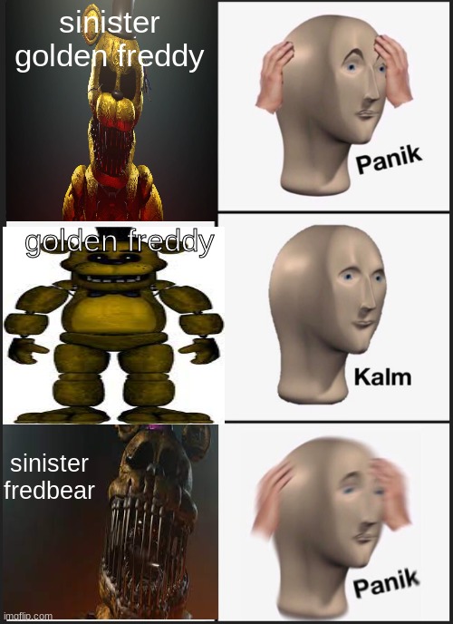 title | sinister golden freddy; golden freddy; sinister fredbear | image tagged in fnaf,sinister turmoil | made w/ Imgflip meme maker