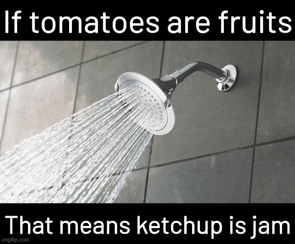 Shower Thoughts | If tomatoes are fruits; That means ketchup is jam | image tagged in shower thoughts | made w/ Imgflip meme maker