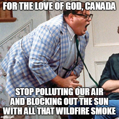 Chris Farley For the love of god | FOR THE LOVE OF GOD, CANADA; STOP POLLUTING OUR AIR AND BLOCKING OUT THE SUN WITH ALL THAT WILDFIRE SMOKE | image tagged in chris farley for the love of god,meme,memes,wildfires | made w/ Imgflip meme maker