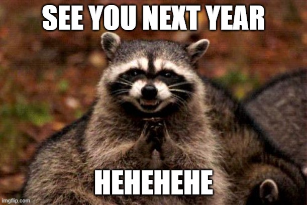 See you next year | SEE YOU NEXT YEAR; HEHEHEHE | image tagged in memes,evil plotting raccoon,raccoon | made w/ Imgflip meme maker