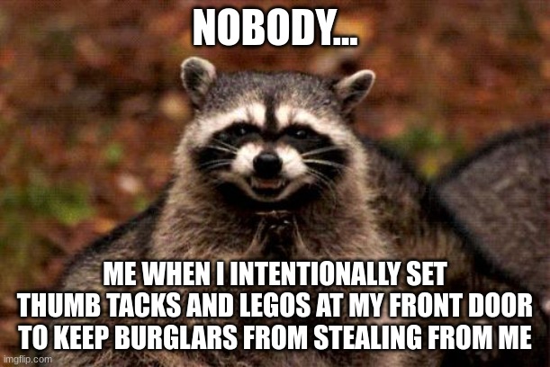 no burglars are stealing from me when their feet are on the line | NOBODY... ME WHEN I INTENTIONALLY SET THUMB TACKS AND LEGOS AT MY FRONT DOOR TO KEEP BURGLARS FROM STEALING FROM ME | image tagged in memes,evil plotting raccoon | made w/ Imgflip meme maker
