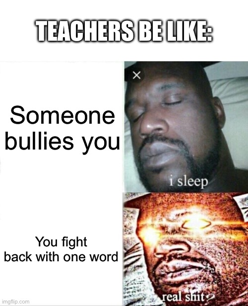 BRUH | TEACHERS BE LIKE:; Someone bullies you; You fight back with one word | image tagged in memes,sleeping shaq | made w/ Imgflip meme maker