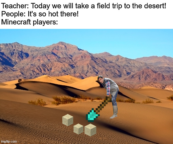 they need glass | Teacher: Today we will take a field trip to the desert!
People: It's so hot there!
Minecraft players: | image tagged in minecraft,desert,funny,meme | made w/ Imgflip meme maker