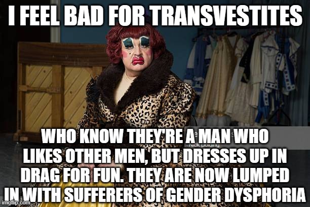 Ugly Transvestite Drag Queen | I FEEL BAD FOR TRANSVESTITES WHO KNOW THEY'RE A MAN WHO LIKES OTHER MEN, BUT DRESSES UP IN DRAG FOR FUN. THEY ARE NOW LUMPED IN WITH SUFFERE | image tagged in ugly transvestite drag queen | made w/ Imgflip meme maker