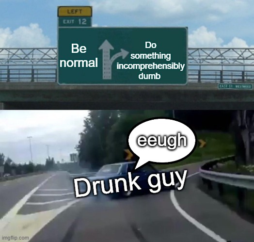 drunk adventures | Do something incomprehensibly dumb; Be normal; eeugh; Drunk guy | image tagged in memes,left exit 12 off ramp | made w/ Imgflip meme maker