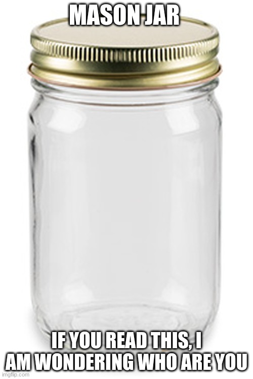 Mason Jar | MASON JAR; IF YOU READ THIS, I AM WONDERING WHO ARE YOU | image tagged in mason jar | made w/ Imgflip meme maker