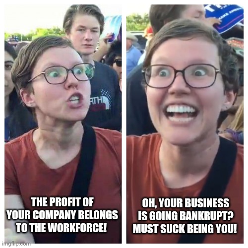 Hypocrite liberal | THE PROFIT OF YOUR COMPANY BELONGS TO THE WORKFORCE! OH, YOUR BUSINESS IS GOING BANKRUPT? MUST SUCK BEING YOU! | image tagged in hypocrite liberal | made w/ Imgflip meme maker