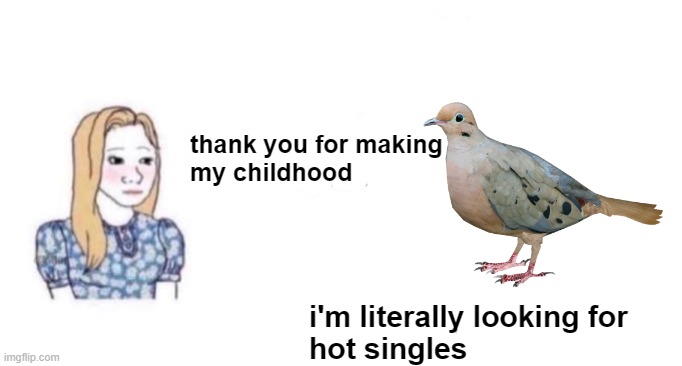 Mourning dove coos are an American's childhood. | thank you for making
my childhood; i'm literally looking for
hot singles | image tagged in thank you for changing my life | made w/ Imgflip meme maker