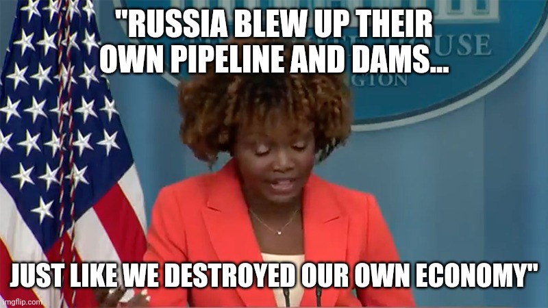 Only the 2nd part is right | "RUSSIA BLEW UP THEIR OWN PIPELINE AND DAMS... JUST LIKE WE DESTROYED OUR OWN ECONOMY" | image tagged in kjp the slow | made w/ Imgflip meme maker