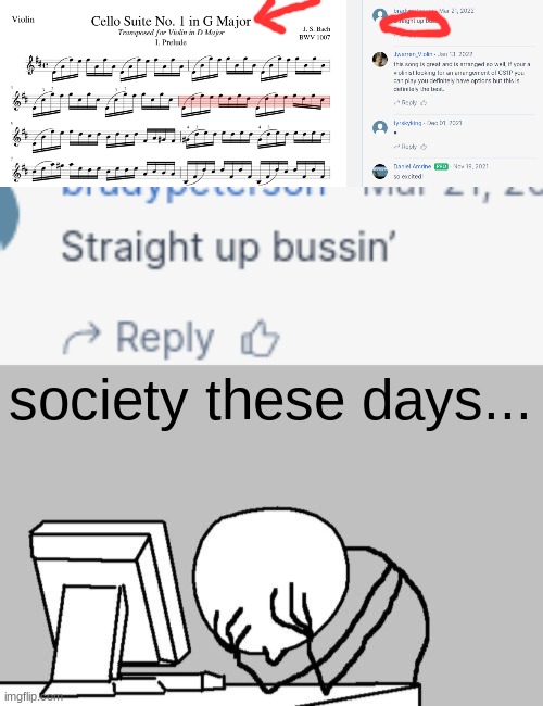 Bro, its a classical piece, come on... | society these days... | image tagged in memes,computer guy facepalm | made w/ Imgflip meme maker
