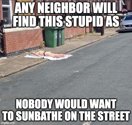 Sunbathing on the Street | ANY NEIGHBOR WILL FIND THIS STUPID AS; NOBODY WOULD WANT TO SUNBATHE ON THE STREET | image tagged in sunbathing,memes | made w/ Imgflip meme maker