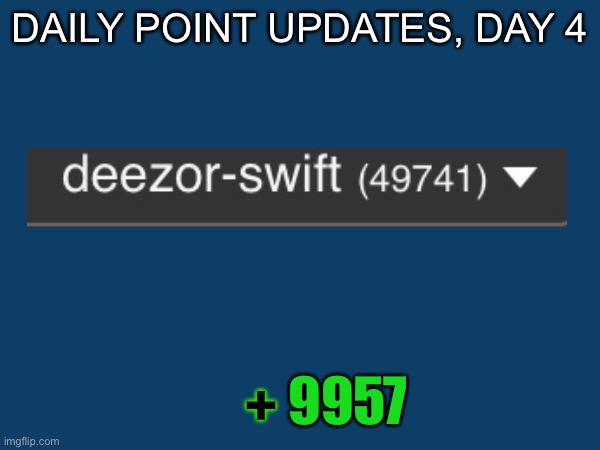 Daily point updates, Day 4 | DAILY POINT UPDATES, DAY 4; +; 9957 | image tagged in daily point updates,dpu | made w/ Imgflip meme maker