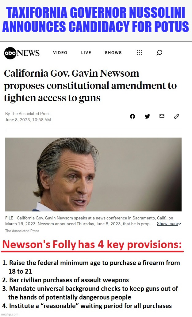 With no chance of passing, this is clearly a stunt to put his lib/dictatorial face front and center for POTUS | TAXIFORNIA GOVERNOR NUSSOLINI ANNOUNCES CANDIDACY FOR POTUS | image tagged in liberal media,liberal hypocrisy,liberal logic,hollywood liberals,stupid liberals,nussolini | made w/ Imgflip meme maker