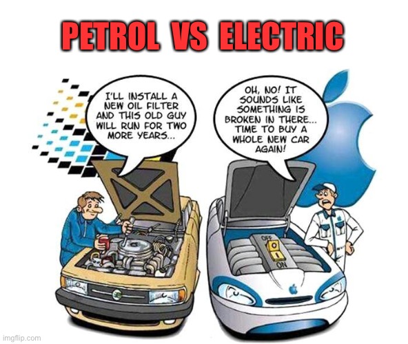 Petrol vs Electric | PETROL  VS  ELECTRIC | image tagged in windows and apple,running cost,cars,comics | made w/ Imgflip meme maker