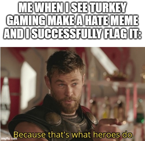 You can thank me for getting one of his recent accounts deleted! | ME WHEN I SEE TURKEY GAMING MAKE A HATE MEME AND I SUCCESSFULLY FLAG IT: | image tagged in that s what heroes do,turkey gaming is bad | made w/ Imgflip meme maker