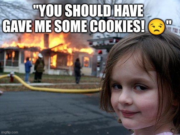 Should have gave me some snacks! | "YOU SHOULD HAVE GAVE ME SOME COOKIES! 😒" | image tagged in memes,disaster girl | made w/ Imgflip meme maker