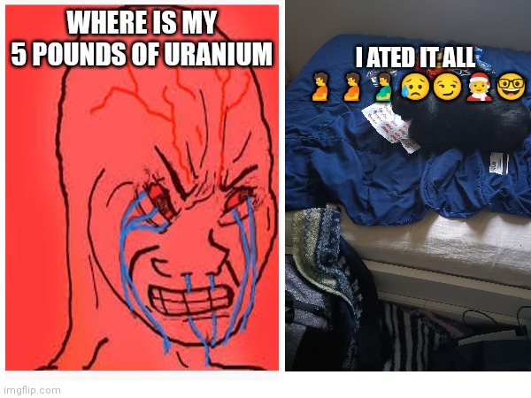 Ggd | I ATED IT ALL 🫄🫄🫃😥😏🧑‍🎄🤓; WHERE IS MY 5 POUNDS OF URANIUM | image tagged in memes,funny memes,funny,dank,dank memes,uranium | made w/ Imgflip meme maker