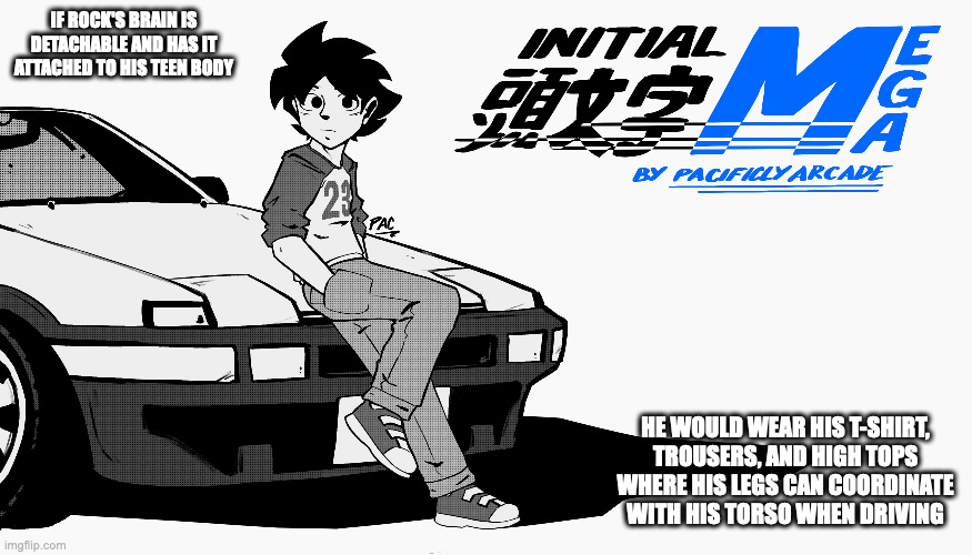 Initial M | IF ROCK'S BRAIN IS DETACHABLE AND HAS IT ATTACHED TO HIS TEEN BODY; HE WOULD WEAR HIS T-SHIRT, TROUSERS, AND HIGH TOPS WHERE HIS LEGS CAN COORDINATE WITH HIS TORSO WHEN DRIVING | image tagged in initial d,megaman,memes,rock | made w/ Imgflip meme maker