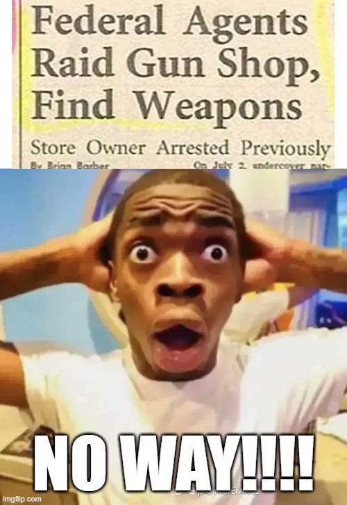 Shocked black guy | NO WAY!!!! | image tagged in shocked black guy,guns,shop,much wow | made w/ Imgflip meme maker